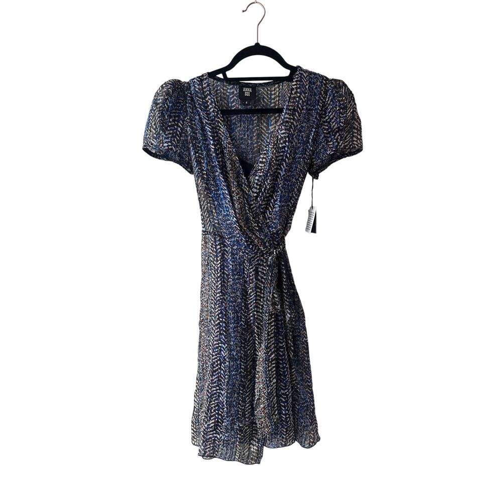 NWT Anna Sui Blue Black Abstract Silk Wrap Dress Size 4 Made USA